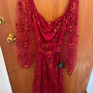Lulu's Red Long Sleeve Floral Dress